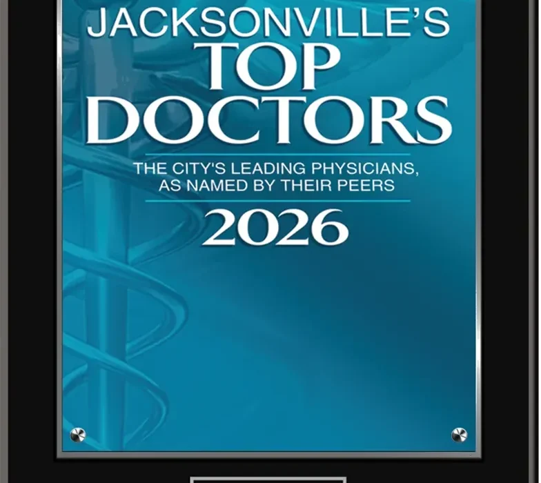 Jamie Cesaretti, MD, Radiation Oncology Jacksonville’s Top Doctors 2026 award plaque